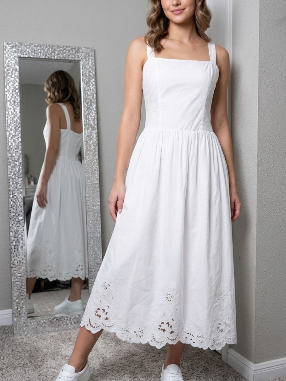 Wayf White Square-Neck Eyelet Midi Dress